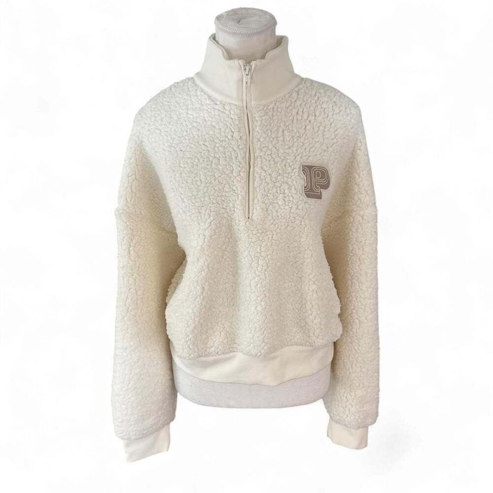 Victoria's Secret PINK cream quarter zip Sherpa fleece sweatshirt in a M logo